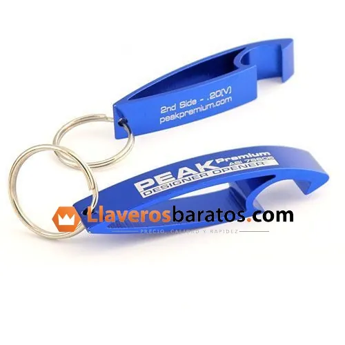 Llavero abrebotellas de aluminio azul con logo grabado
