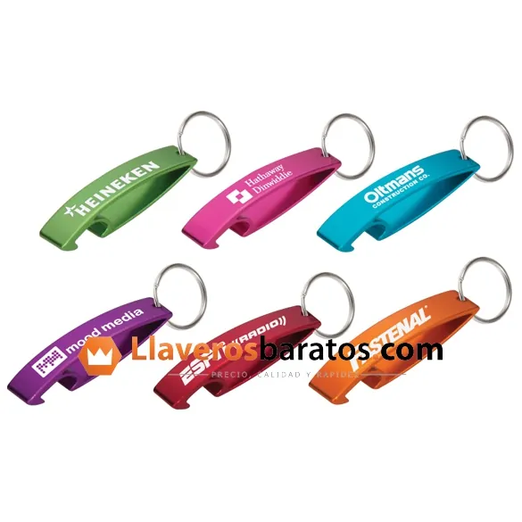 Llaveros abrebotellas de aluminio con logos impresos