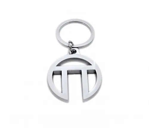 Llavero de metal plateado con logo calado