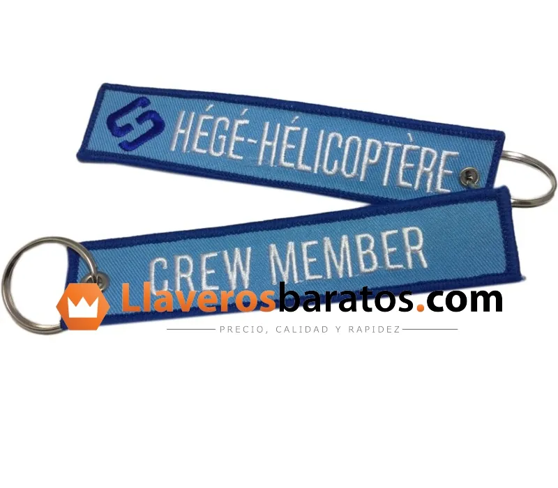 Llavero de tela bordado azul con helicóptero
