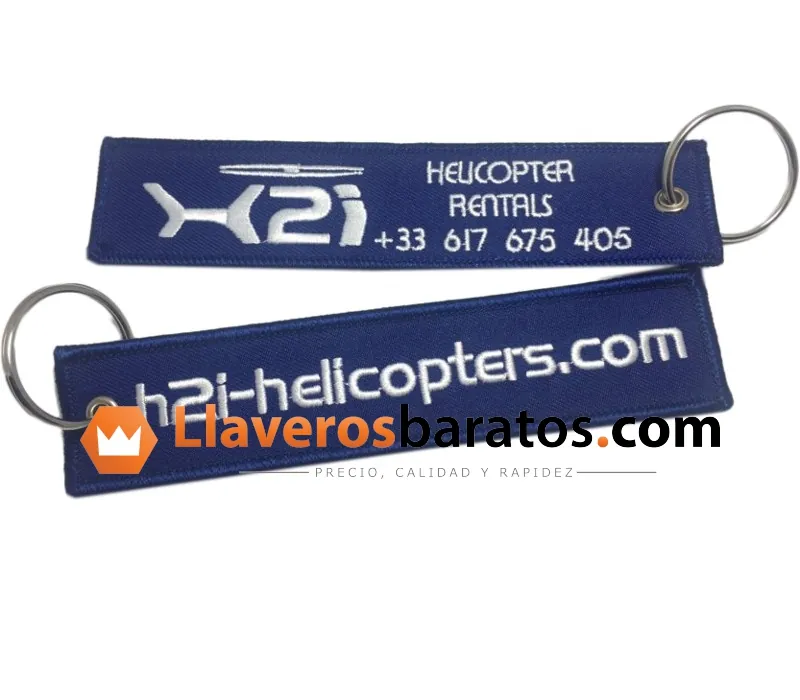 Llavero de tela bordado azul marino con helicóptero