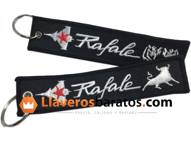 Llavero de tela bordado negro con avión de combate