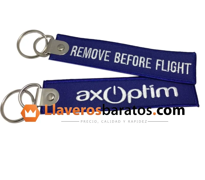 Llavero de tela bordado Remove Before Flight azul