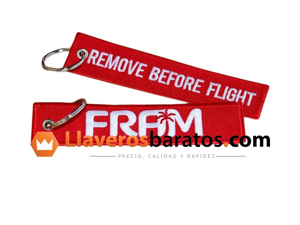 Llavero de tela bordado Remove Before Flight rojo y blanco