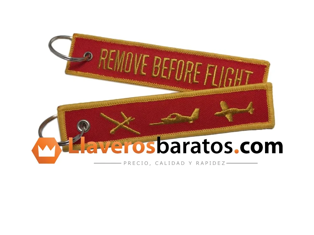 Llavero de tela bordado rojo y amarillo con aviones